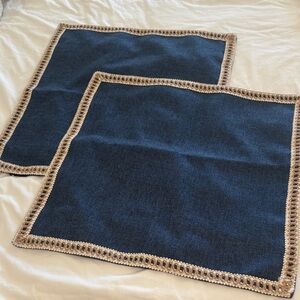 Blue and Tan Crochet Trimmed Pillow Covers Denim Boho Farmhouse
